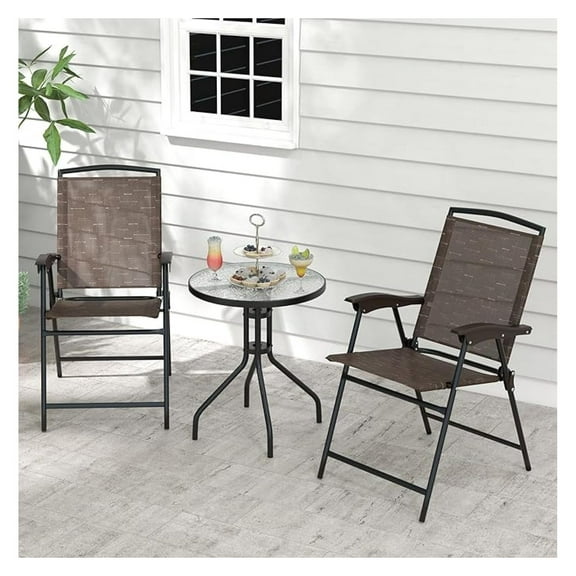 3-Piece Patio Dining Set, Steel Bistro Table and Chairs Set of 2 w/Folding Chairs & Tempered Glass Table, Indoor/Outdoor Conversation Furniture Set for Porch, Balcony, Garden, Poolside