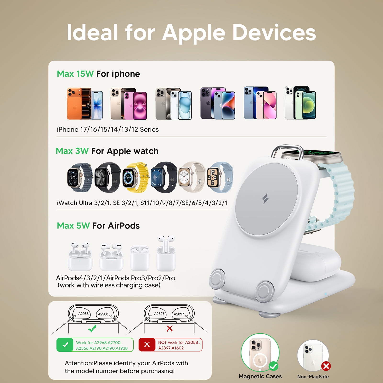3 in 1 Charging Station, 15W Foldable Magnetic Fast Wireless Charger Stand for Apple Multiple Devices, Travel Charger for iPhone 17 16 15 14 13 12 Series Watch AirPods 4/3/2/Pro