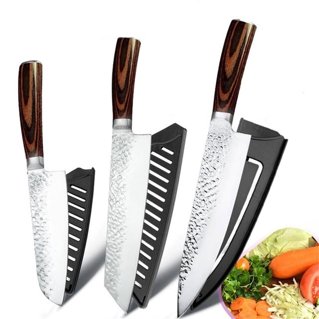 Cuchillos de Cocina Profesionales, Juego de Cuchillos de Chef de 3 Pzas, Cuchillos Afilados para Cocina, Hoja Martillada de Acero Inoxidable con Alto Contenido de Carbono, Cuchillo de Cocina Japonés