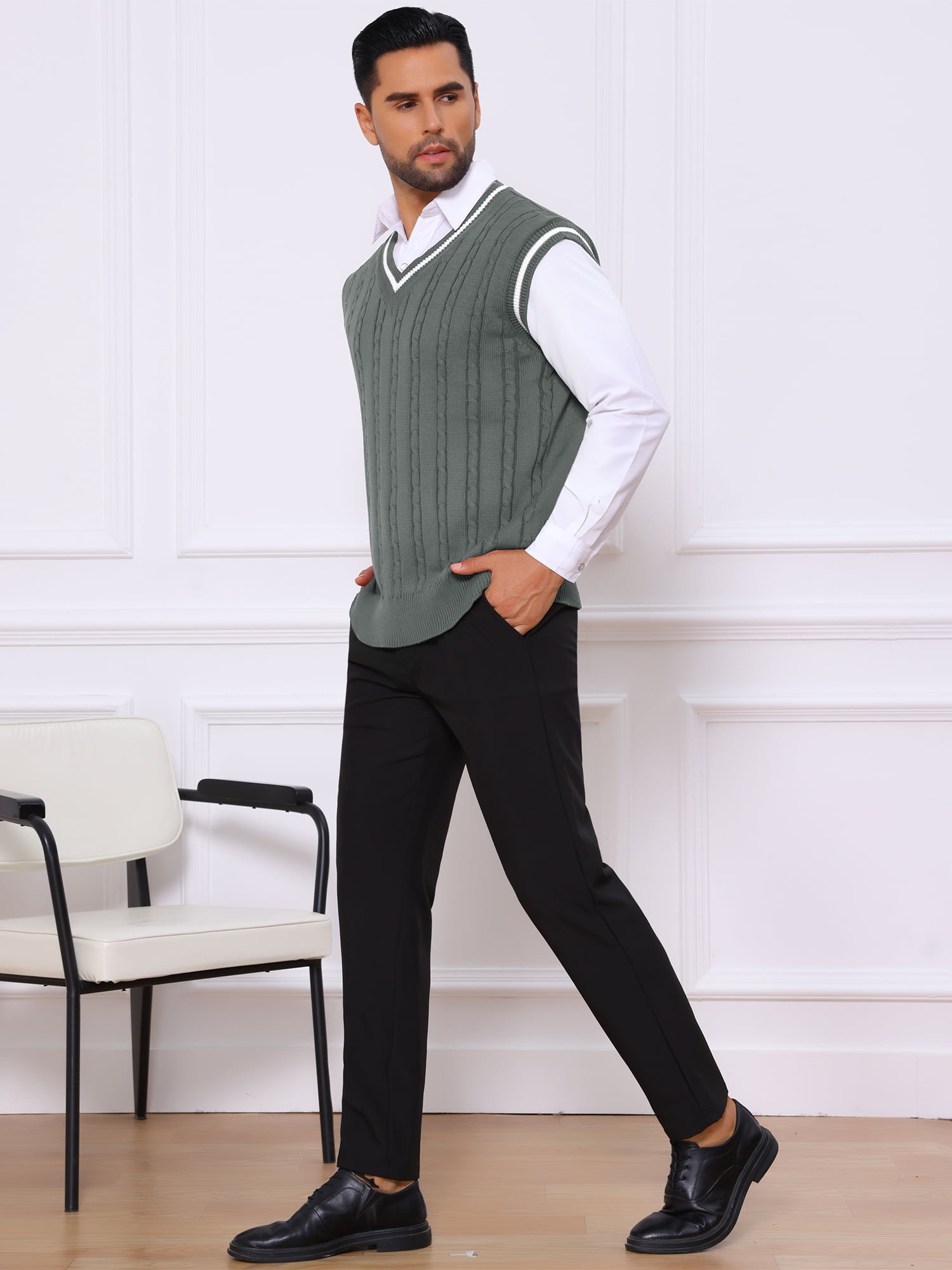 DARING DIVA Men's Solid Color V-Neck Sleeveless Cable Knitted Sweater Vest M Dark Gray