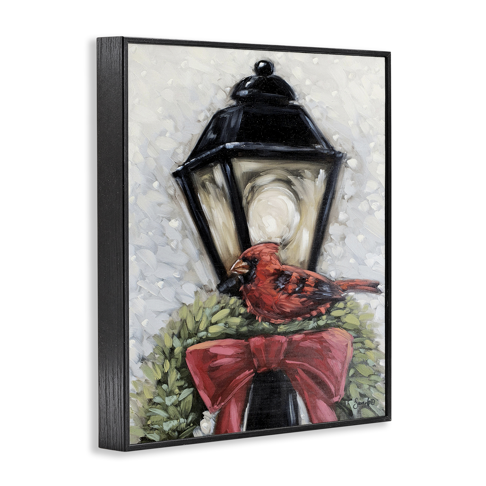 Stupell Industries Cardinal & Holiday Lamp Holiday Painting Black Framed Art Print Wall Art, 16 x 20