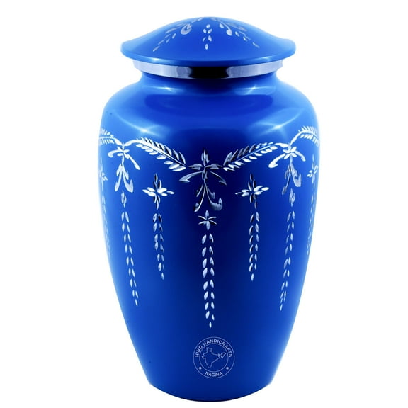 Silver Diamond Engraved Cremation Urn for Human Ashes Adult Funeral Urn Handcrafted - Large Burial Urn for Human Ashes - BAG INCLUDED (7.5" x 7.5" x 9.5", Matte Sky Blue)