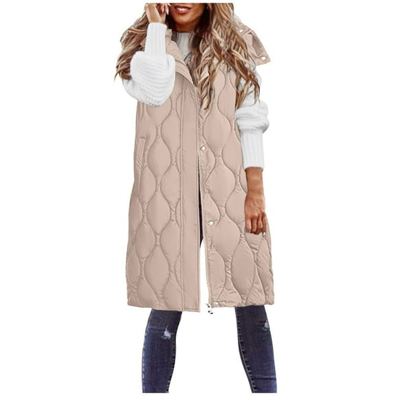 adviicd Women Long Puffer Vest: Fall Zip up Reversible Fleece Jacket 2025 Winter Warm Sleeveless Hooded Coat with Pockets (Khaki, M)