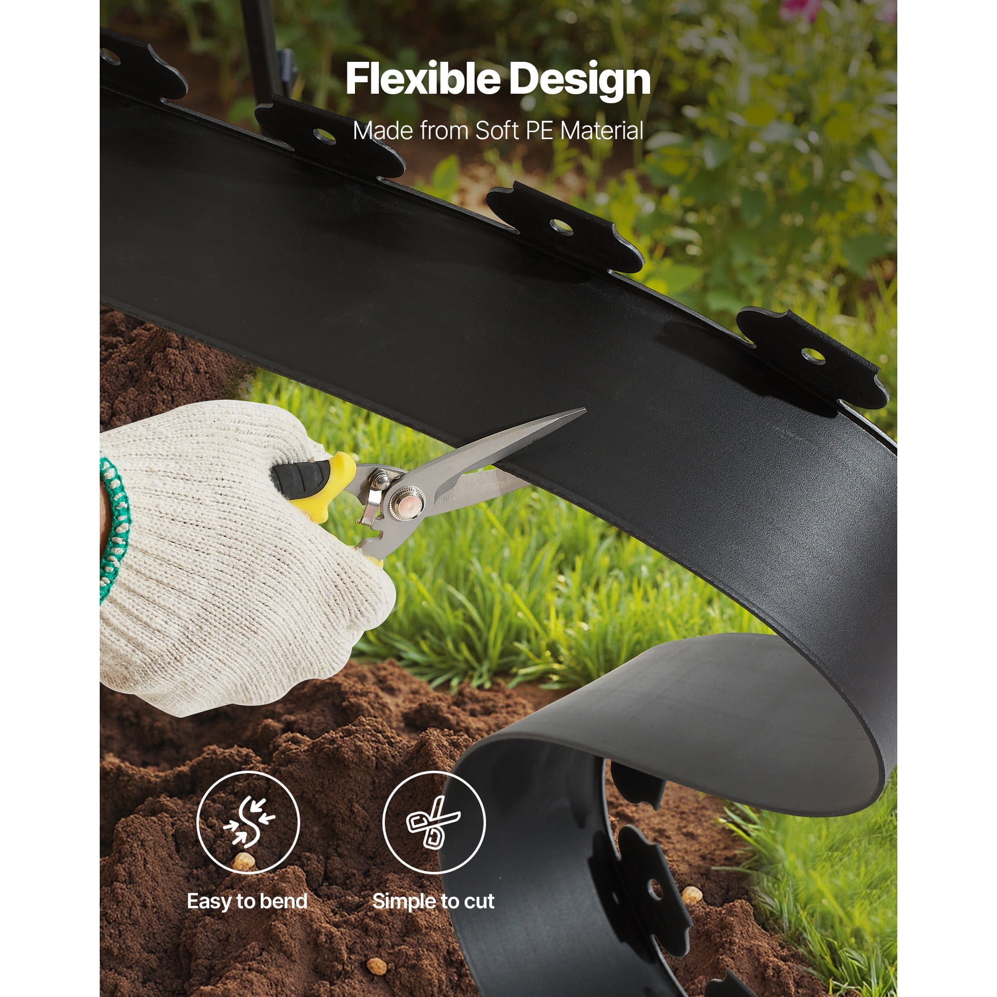 KFFKFF 33 ft x 4 in Plastic Garden Edging with 30 Spikes & 2 Ground Stakes, Flexible No-Dig Lawn Border Roll, UV-Resistant Mini Fence for Flower Beds and Yard Pavers