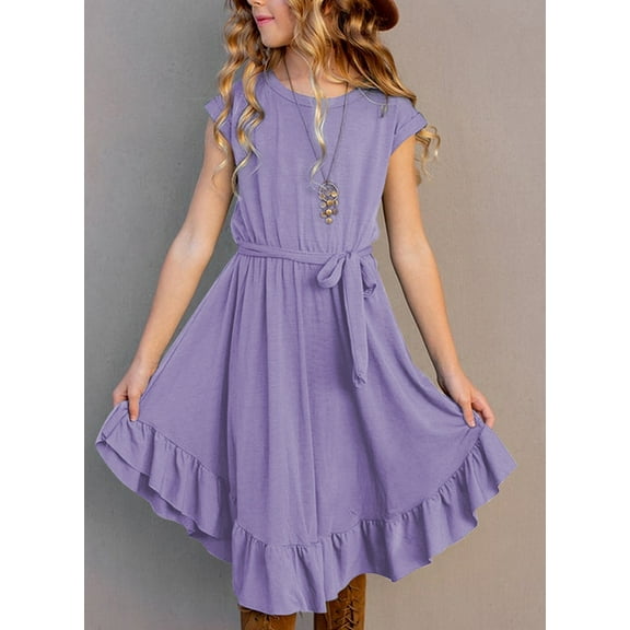 KISSMODA Girls Casual Dress Summer Round Neck Short Sleeve Ruffle Hem Flowy Swing Mini Dresses 4-12 Years