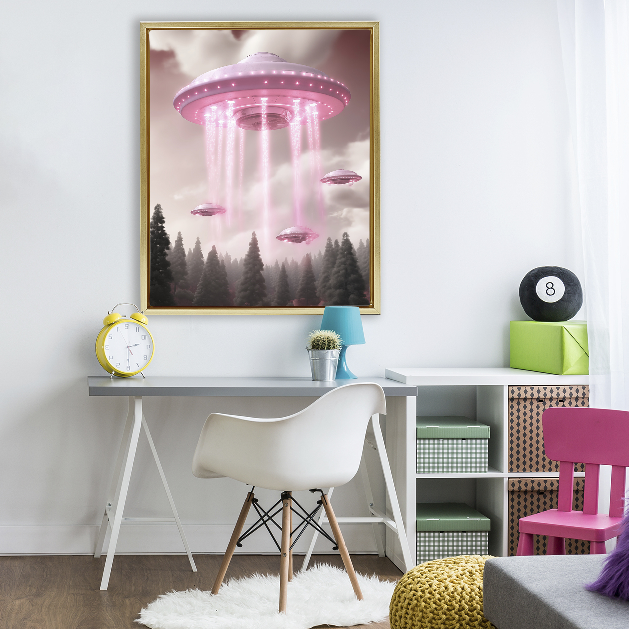 Glam UFO with Pink Beams Gold Framed Floater Canvas Wall Art, design by Sasha