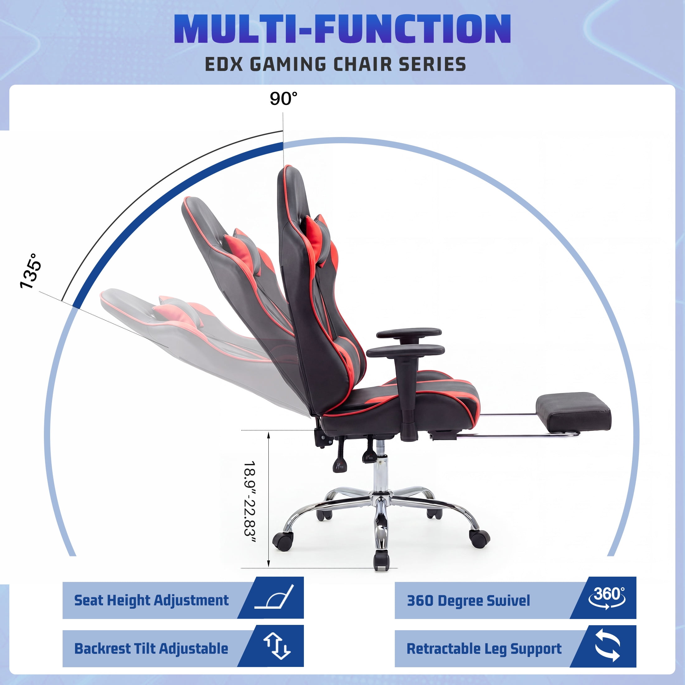 Gianna Ergonomic Gaming Chair, Adjustable Height with 360° Swivel, Flip-Up Armrests, Headrest & Lumbar Cushion Included, Red