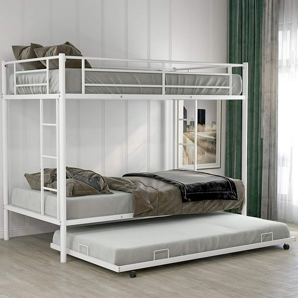 Metal Bunk Bed With Trundle For Kids, Twin Bunk Beds With Mattress Included