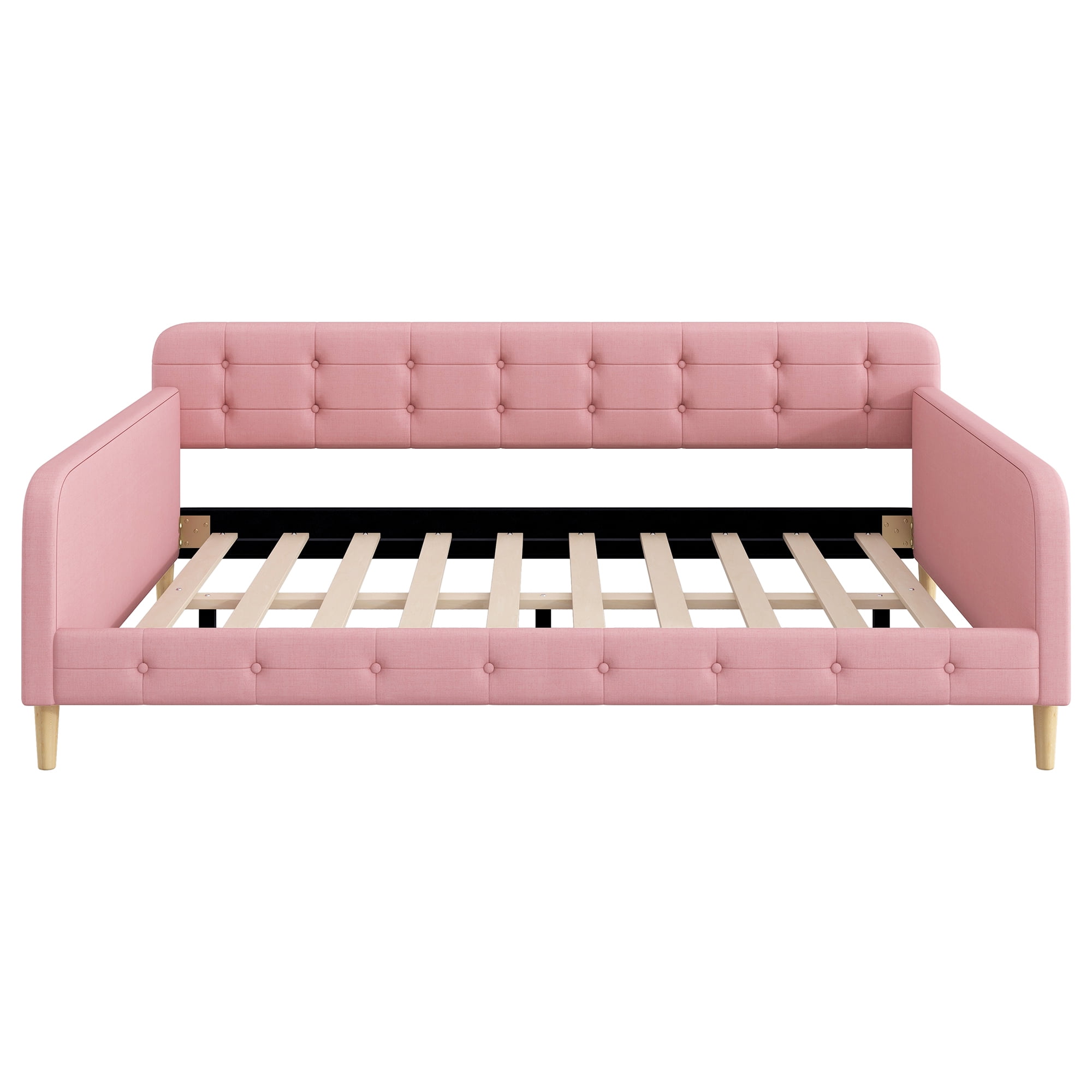 Queen Size Upholstered Daybed,Modern Linen Fabric Tufted Sofa Bed with 4 Support Wood Legs,Pink