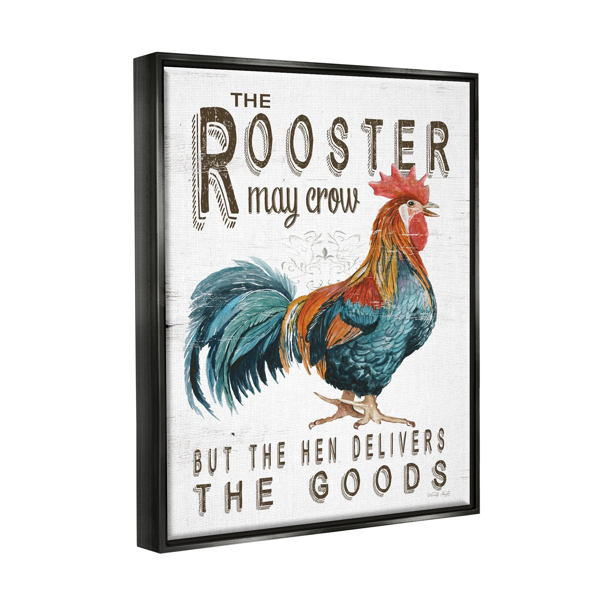Stupell Industries Funny Rooster & Hen Phrase Botanical & Floral Painting Black Floater Framed Art Print Wall Art, 17 x 21