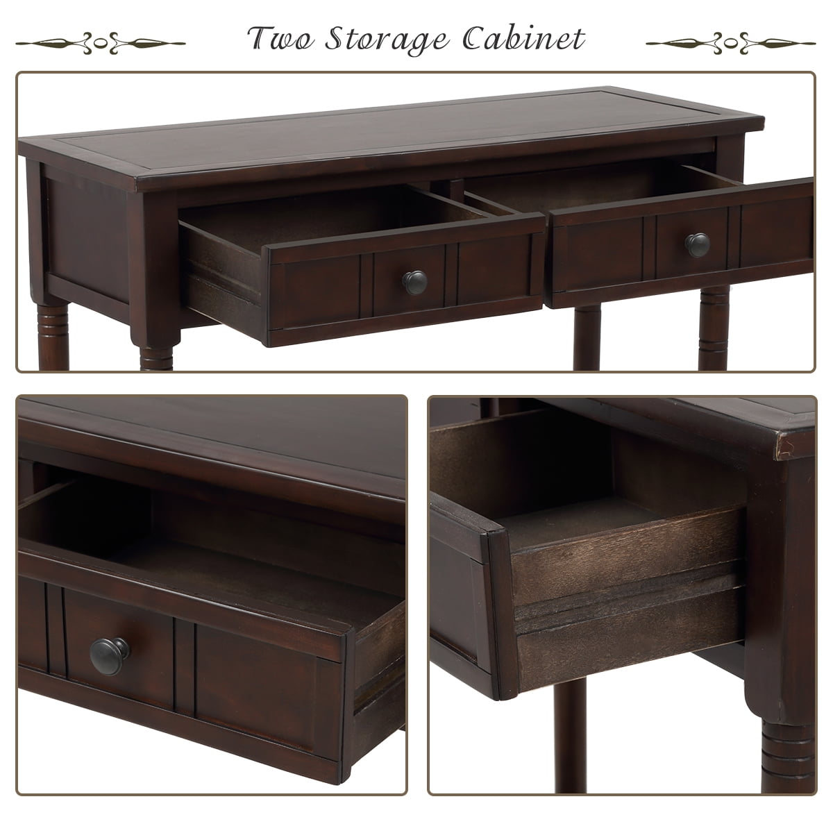 Entryway Table with Solid Wood Legs Console Table Traditional Design with Two Drawers and Bottom Shelf Sofa Table