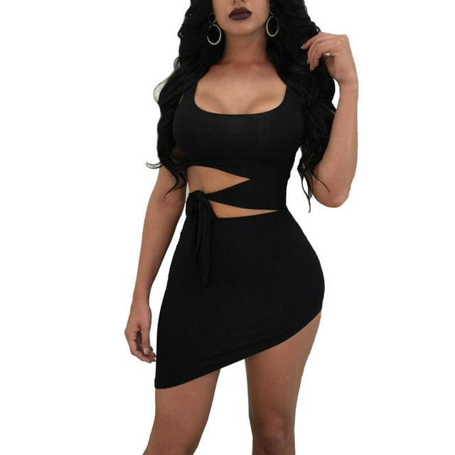 ITFABS Femmes Sans Manches Couleur Unie Sangle Creuse Robe Irrégulière Mini-Robe