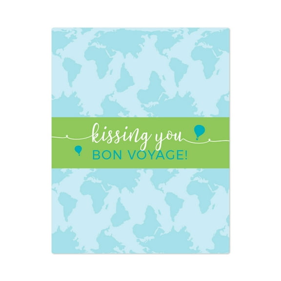 Hot Air Balloon Adventure World Map Party, Blue Green, Lip Balm Favors Kissing you Bon Voyage! 12-Pack
