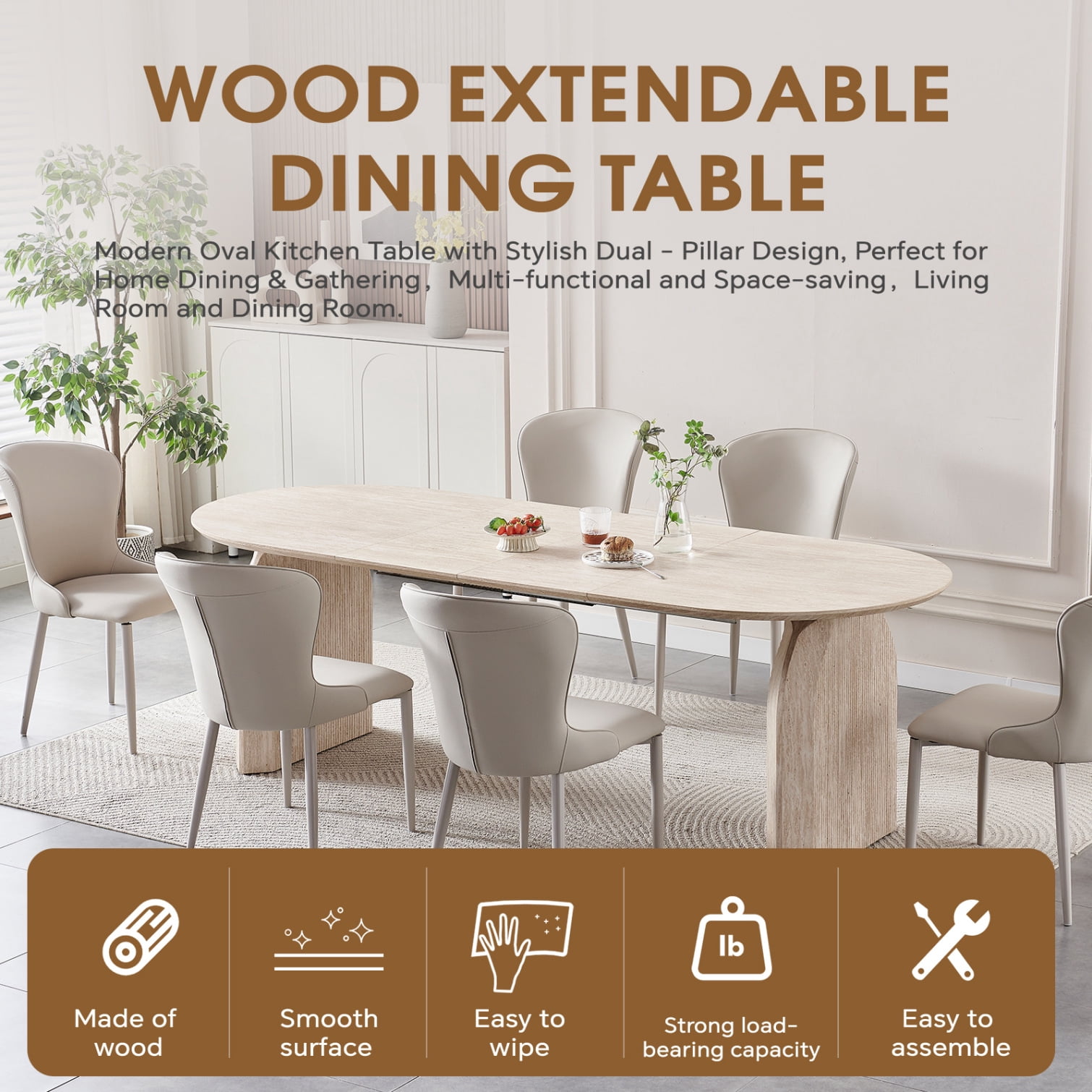 59"-90" Extendable Dining Table for 4-8 People, Modern Oval Kitchen Table with Dual Pillar Design, Space Saving Extendable Meeting Table for Small Spaces, Natural