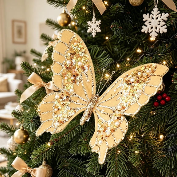 Gold Sequin Butterfly Christmas Tree Clip Ornament 7.4x6.6 in Fabric Glitz Butterflies Decor for Holiday Party Wreaths Garland