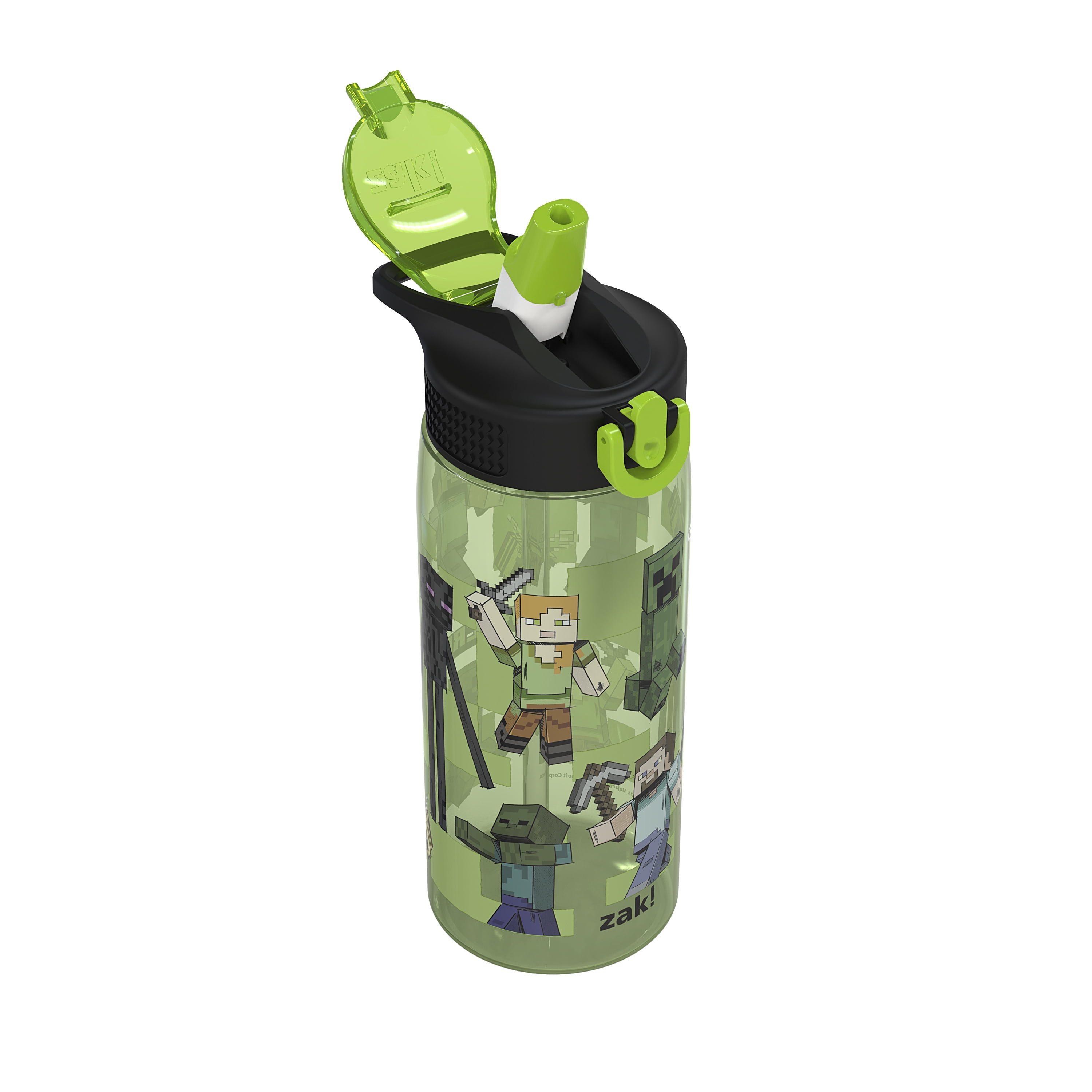 Zak Designs 25oz Minecraft Kids Straw Water Bottle, Durable Plastic Park Bottle with Easy-Open Locking Spout Cover for Travel, Built in Carry Handle