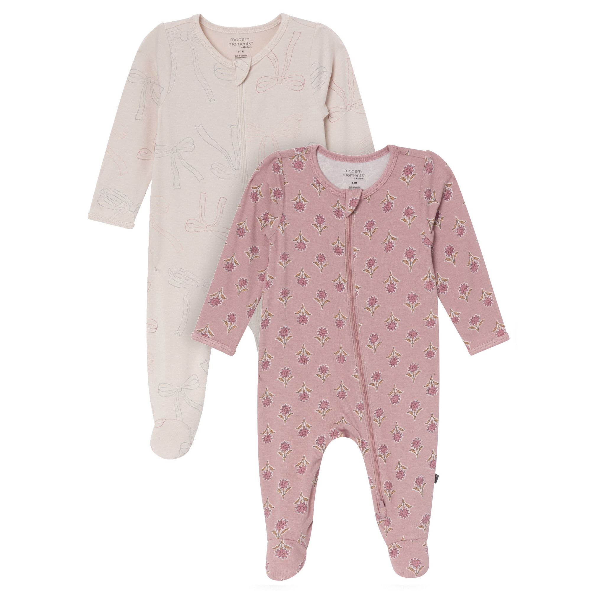 Modern Moments by Gerber Neutral Two-Way Zip Viscose Sleep ´N Play Footed Pajama, 2-Pack, Sizes Newborn - 24 Months