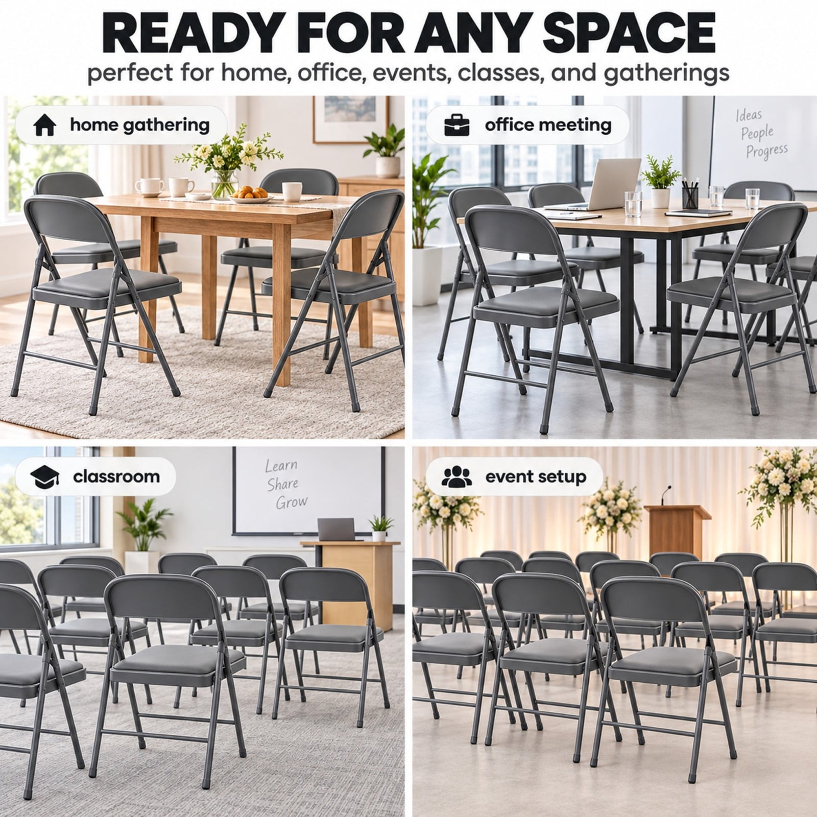 Telyra 2 Pack Folding Chairs Leather Padded Seat and Backrest Foldable Metal Chairs for Indoor Outdoor Use,Grey