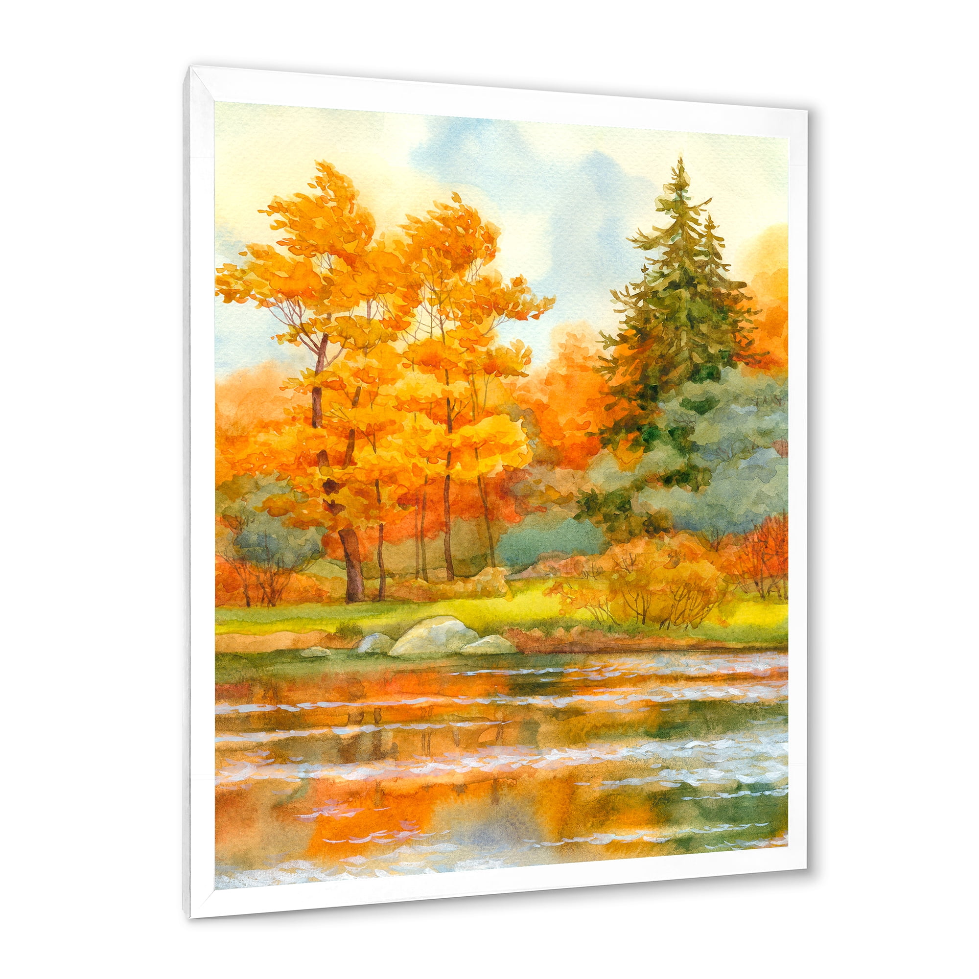 Designart 'Autumn Forest By The Lake Side IV' Lake House Framed Art Print
