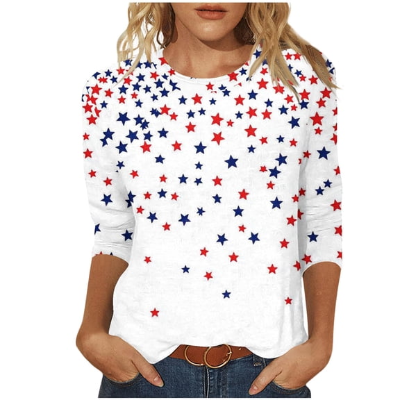 asdoklhq Plus Size 4th Of July Tshirts Polka Shirts Women's Independence Day Printed 3/4 Sleeve Round Neck Pullover Fashionable Red 5X