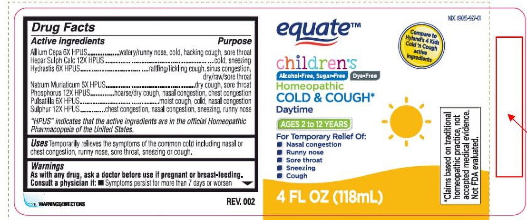 Equate Children's Homeopathic Daytime Cold & Cough Liquid, Ages 2 to 12 Years, 4 fl oz