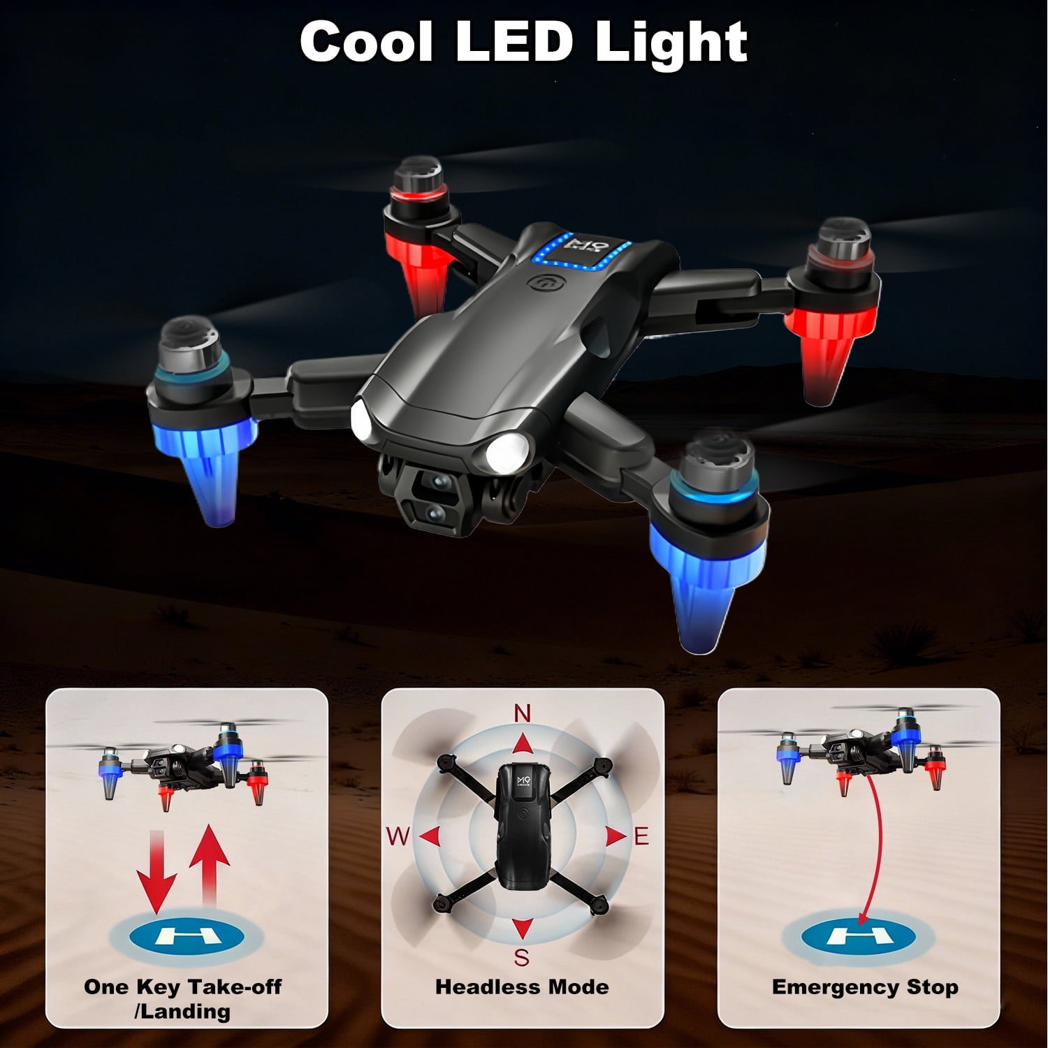 Drone with 1080P Camera Screen Remote Control, RGB LED Light FPV Drone Quadcopter for Adults Beginners, Headless Mode Altitude Hold Optical Flow, 2 Batteries