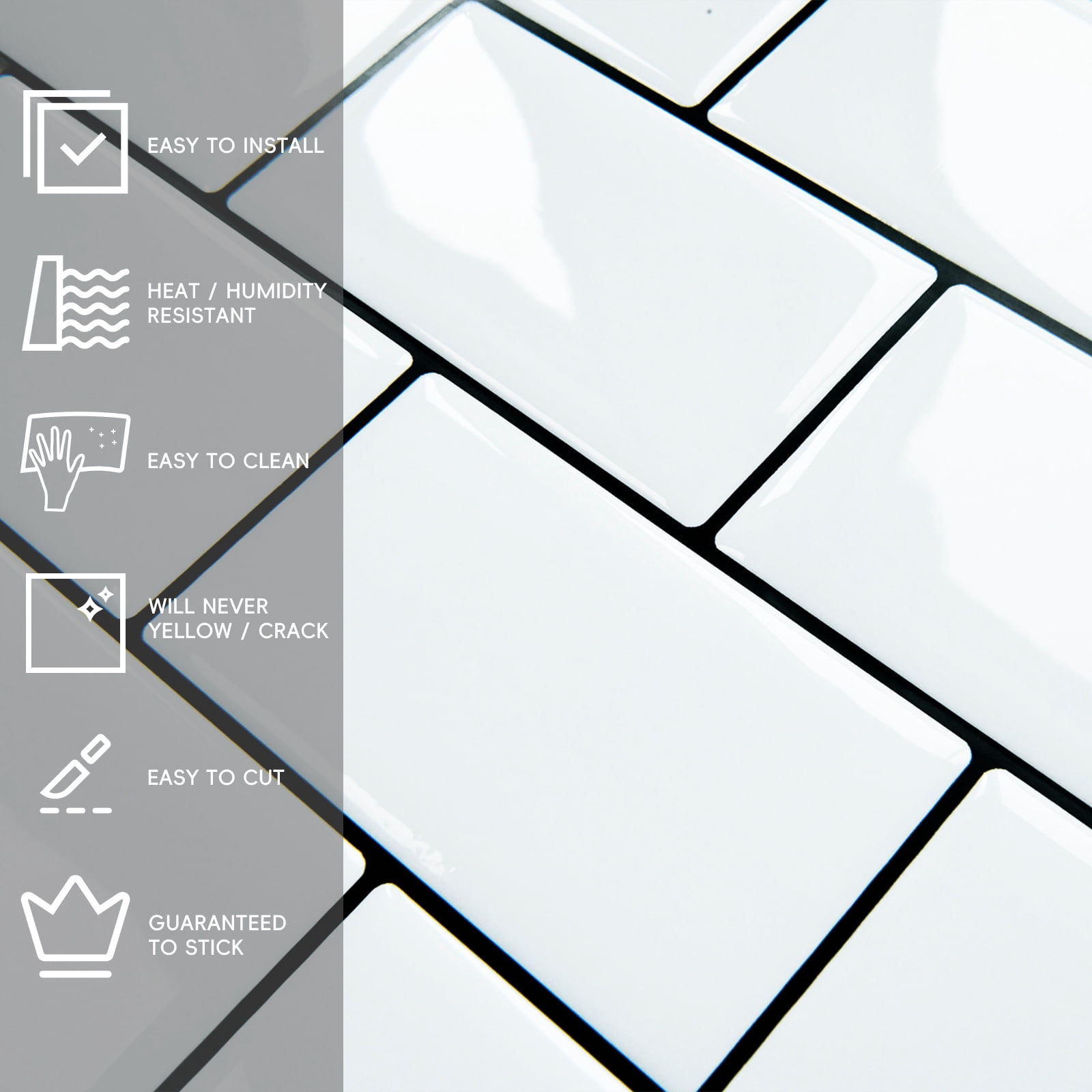 10-Sheet Peel and Stick Backsplash Subway Tile, 12" x 12" Self Adhesive Stick on Wall Tiles for Kitchen Bathroom (White)