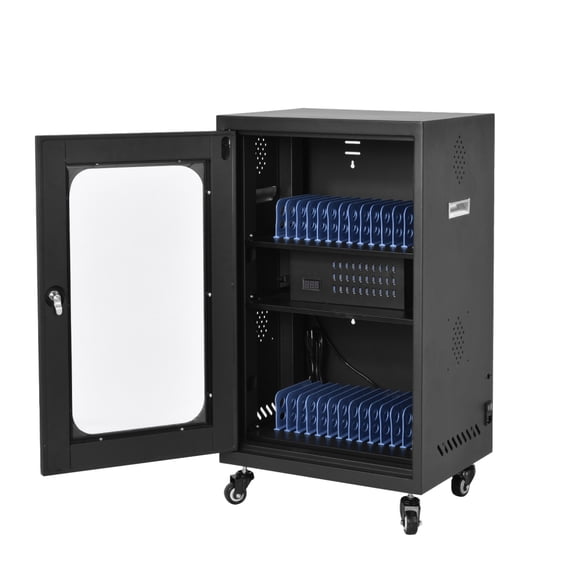 30 Device Mobile Charging and Storage Cart for Chromebooks and Laptop Computers, Up to 14-inch Screen Size, Surge Protection, Front Access Locking Cabinet