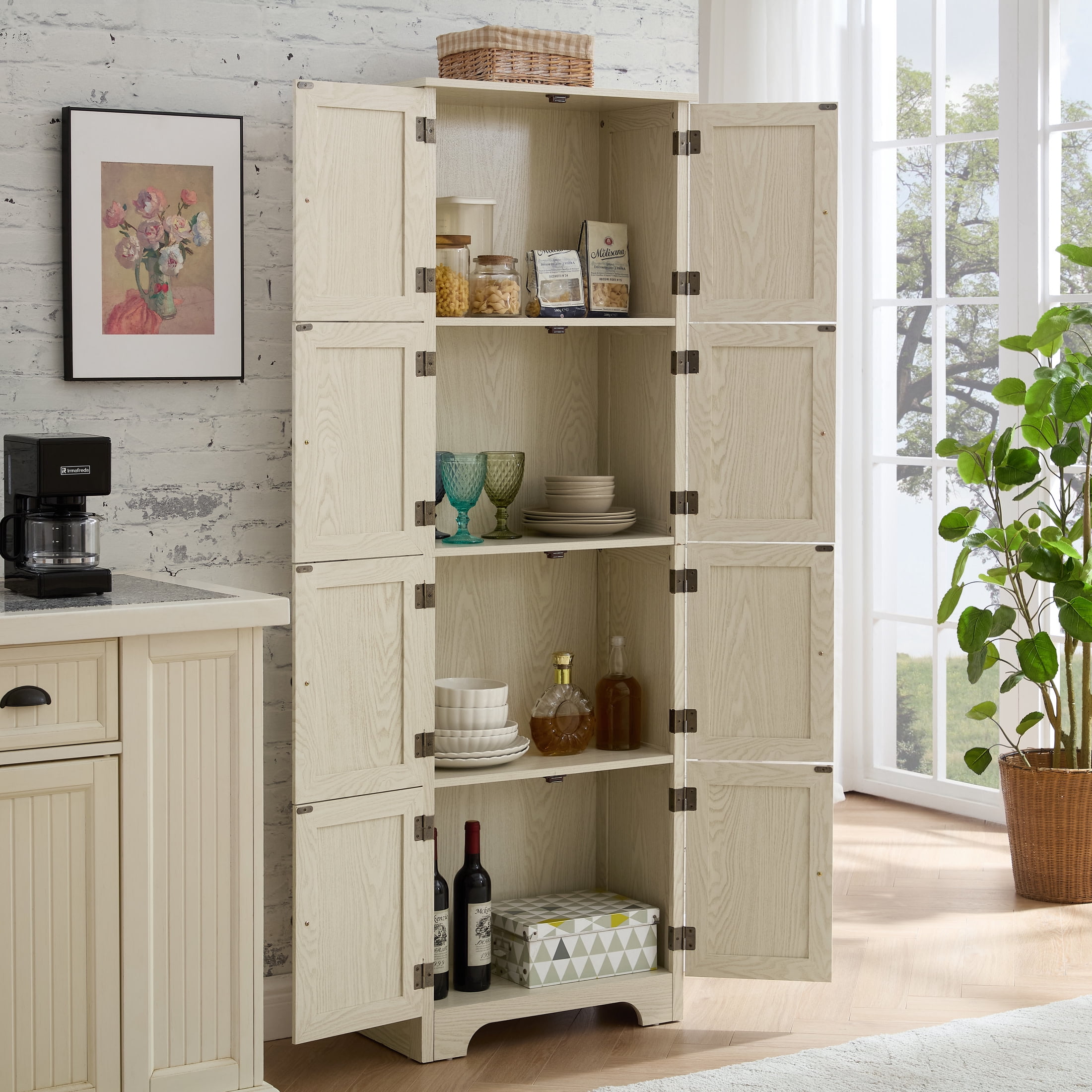 Noble House Vandal 72.4" Tall Storage Cabinet, 8-Door Freestanding Pantry Bookshelf with Shelves, Kitchen, White