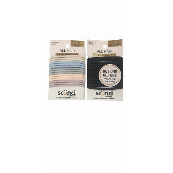 Scunci No Damage Hair Tie Elastics, Assorted, 15 Ct (2 Pack)
