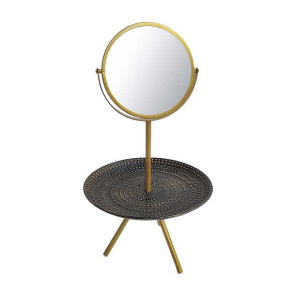 Espejo de maquillaje de escritorio con bandeja de madera, espejo cosmético de regalo para niñas para baño. Oro