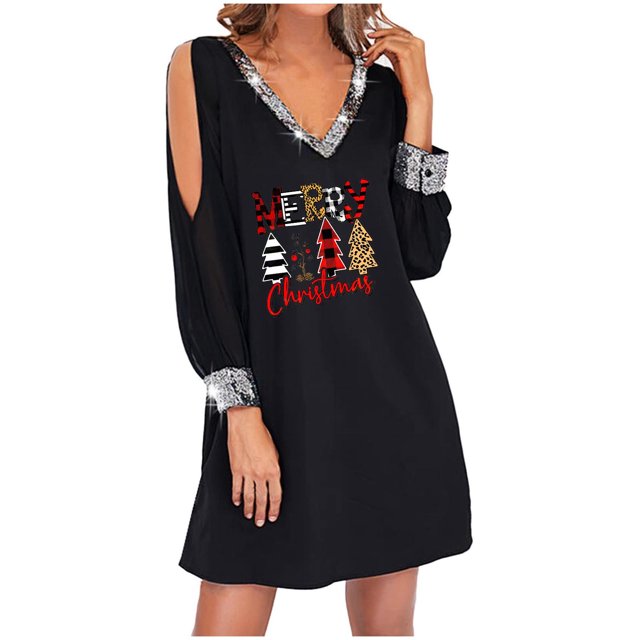 CEHVOM Robe Imprimée Décontractée Aguichant pour Femmes de Noël, Col en V, Manches Longues, Mini-Robe, Vente