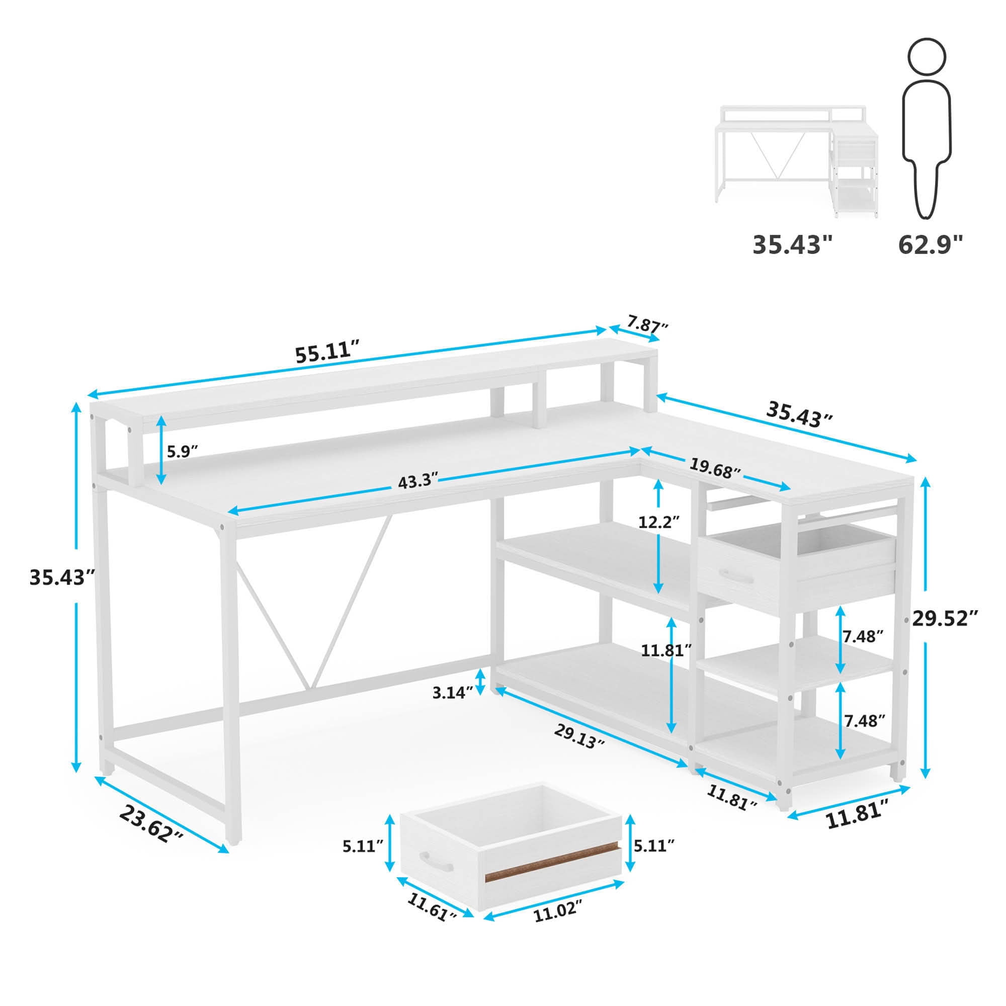 MAYEERTY L-Shaped Corner Desk with Monitor Stand & 2 Drawers, Space-Saving Home Office Desk with Storage Shelves, Anti-Slip Foot Pads