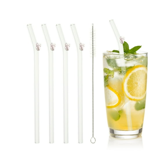 Uxcell 4 Pcs Popotes de Vidrio Reutilizables, Popote de Vidrio de 7.87" con Diseño de Conejos, Resistente a Roturas, Popotes Lindos para Whisky, Café, Jugo, Refrescos y Té, Rosa