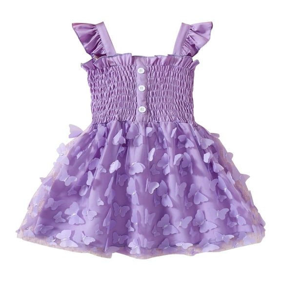 Toddler Summer Smocked Dresses Girls Casual 3D Butterfly Mesh Ruffle Sleeveless Dress Cute Clothes Flutter Princess Dress, Purple, 5 Years
