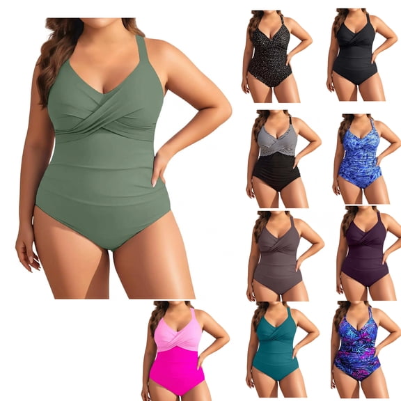 Plus Size One Piece Swimsuit - Women's Tummy Control Bathing Suit Retro Full Coverage Swimwear 2026/Army Green/6XL