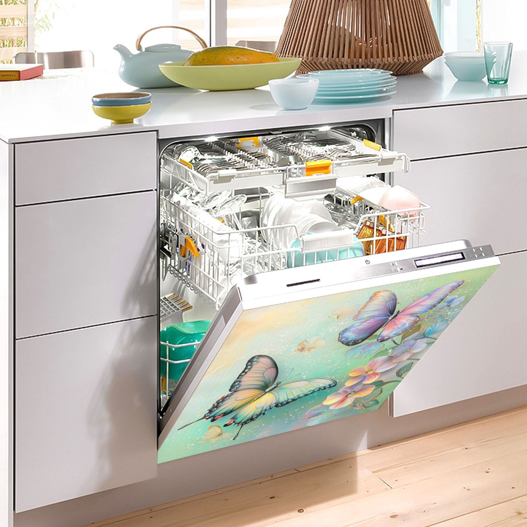 Dishwasher Magnetic Sticker 23x26 Inch Refrigerator Magnetic Sticker Washing Machine Magnetic Sticker Kitchen Panel Magnetic Sticker Home Decor Light Green Flower Butterfly