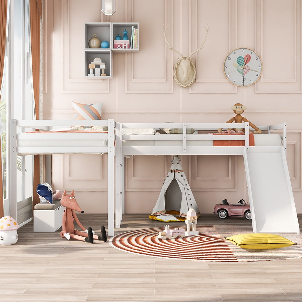 Kadyn L Shaped Loft Bed in Kid's Bedroom with Ladder and Slide, White Kadyn L Shaped Loft Bed in Kid's Bedroom with Ladder and Slide, White