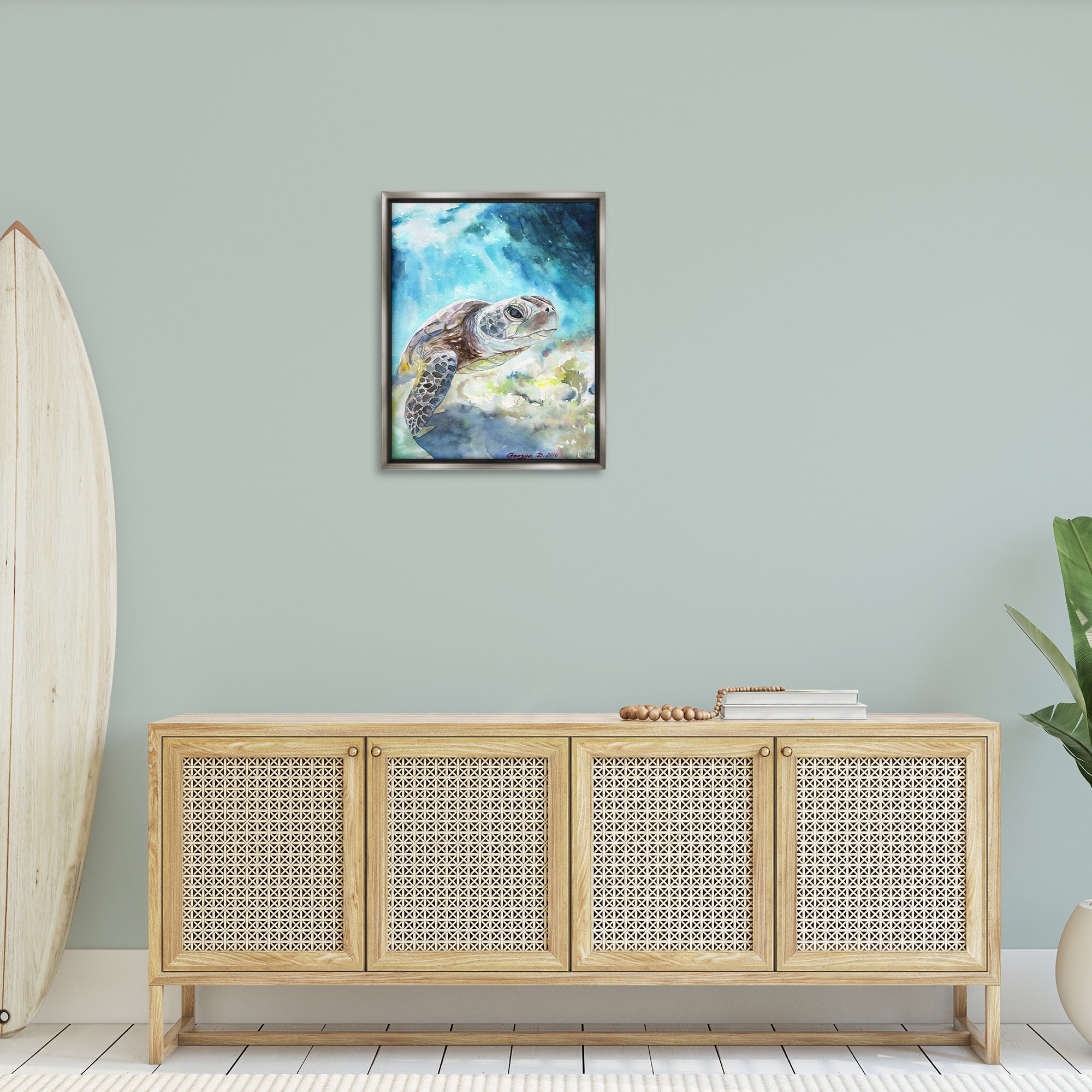 Stupell Industries Sea Turtle Ocean Watercolor Animals & Insects Painting Gray Floater Framed Canvas Art Print Wall Art, 25 x 31