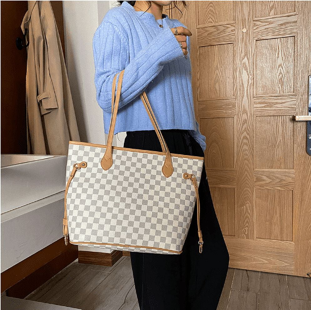 Womens Checkered Tote Shoulder Bag with inner pouch - PU Vegan