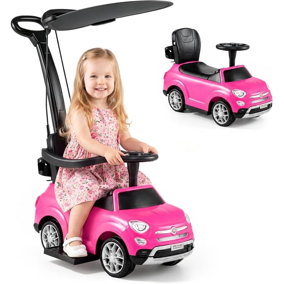Licensed Fiat 500X Push Car for Toddlers by OLAKIDS, 4 in 1 Kids Ride on Toys with Adjustable Handle Canopy, Retractable Pedal, Music, Horn, Storage, Pink