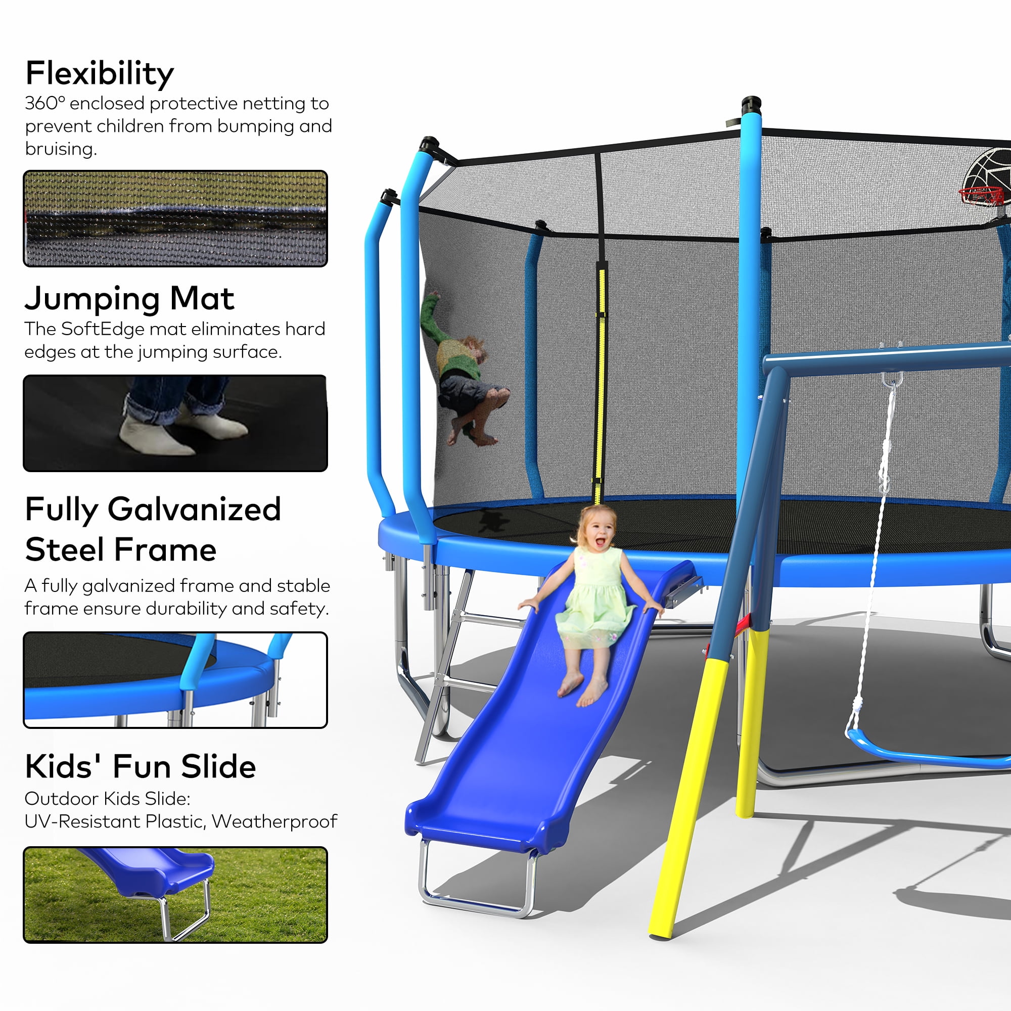 Mersco 12FT Heavy Duty Trampoline with Enclosure Net ,Slide ,Swing Set Outdoor Trampoline for Backyard,Kids Trampoline with Basketball Hoop,Birthday and Holiday Gifts for Kids,Blue