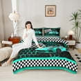 thumbnail image 6 of Manfei Cyan Racing Car Full Size Comforter Sets for Boys, Modern Checkered Flag Bedding Comforter Set, Fashion Honeycomb Reversible Bedding Sets, Microfiber Bedroom Decor, 3 Pieces, 6 of 9