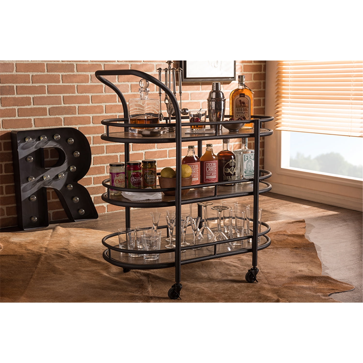 Baxton Studio Karlin Rustic Industrial Style Mobile Kitchen Bar Serving Wine CartFinishBlack