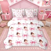 Homewish Pink Watercolor Bowknot Bedding Comforter Set 7pcs for Kid, Dreamy Fairy Tale King Bedding Sets, Cartoon Ballet Princess Reversible Bed Sheets, Microfiber Bedroom Decor
