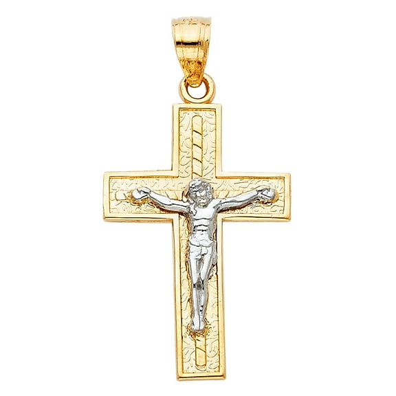 14k Yellow & White Gold Jesus Christ Pendant Cross Crucifix Love Catholic Charm Jewelry Female