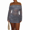 thumbnail image 3 of Women'S Off-the-Shoulder Bodycon Mesh Sheer Ruffled Shiny Flared Long Sleeves Y2K Club Night Out Dress Grey S, 3 of 9