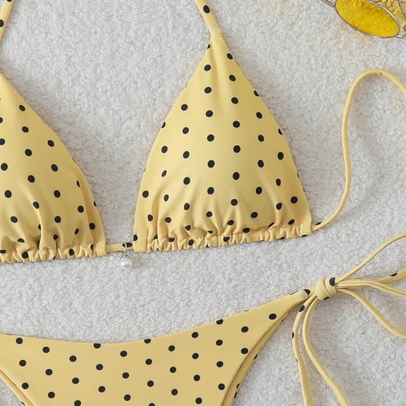 Women's Halter Bikini Set Triangle Top String Swimwear Two Piece Swimsuits Cheeky Bathing Suit Yellow M