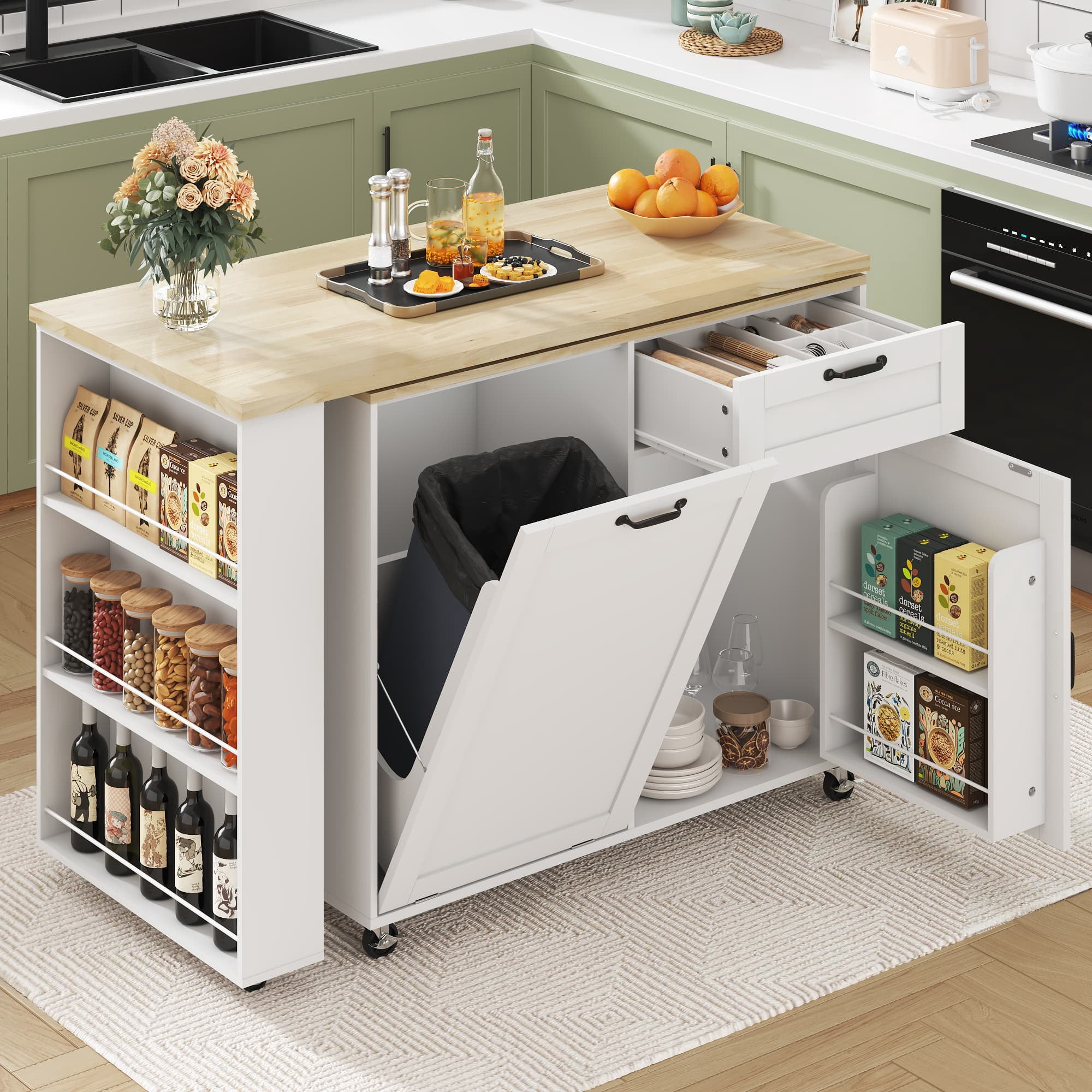 Rolling Kitchen Island with 360° Rotating Extendable Dining Table, 72" Large Island Table with Power Outlet & 7-Tier Spice Racks & Trash Can Storage, Cord Management Hooks