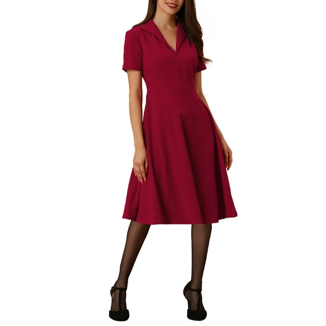 INSPIRE CHIC Robe Rétro Vintage des Années 1950 à Manches Courtes Col en V Boutonnée Ligne A Rouge m
